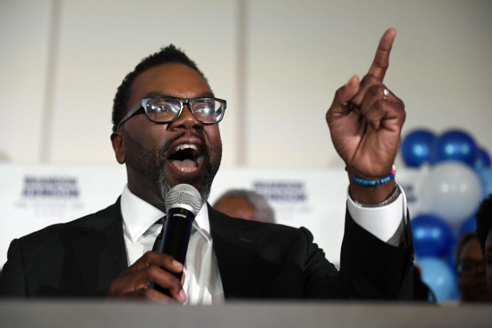 Chicago mayoral candidate Cook County Commissioner Brandon Johnson addresses supporters, Tuesday, Feb. 28, 2023, in Chicago. Johnson and Paul Vallas will meet in a runoff to be the next mayor of Chicago after voters denied incumbent Lori Lightfoot a second term. (AP Photo/Paul Beaty)