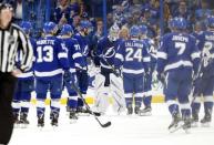 Jan 19, 2019; Tampa, FL, USA; Tampa Bay Lightning goaltender Andrei Vasilevskiy (88) , defenseman Victor Hedman (77), center Steven Stamkos (91), right wing Ryan Callahan (24) and teammates congratulate each other as they beat the San Jose Sharks at Amalie Arena. Mandatory Credit: Kim Klement-USA TODAY Sports