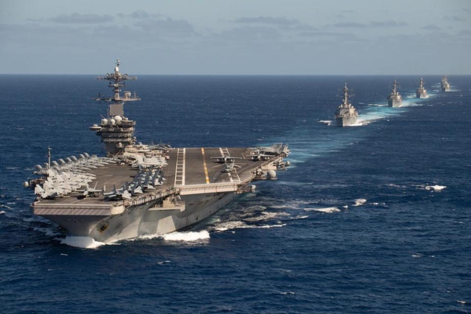 The Theodore Roosevelt Carrier Strike Group transits in formation Jan. 25, 2020. The Theodore Roosevelt Carrier Strike Group is on a scheduled deployment to the Indo-Pacific.