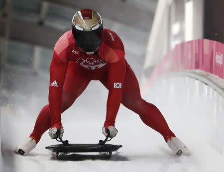 Skeleton – Pyeongchang 2018 Winter Olympics – Men’s Finals – Olympic Sliding Centre - Pyeongchang, South Korea – February 16, 2018 - Yun Sung-bin of South Korea arrives at the finish area. REUTERS/Edgar Su
