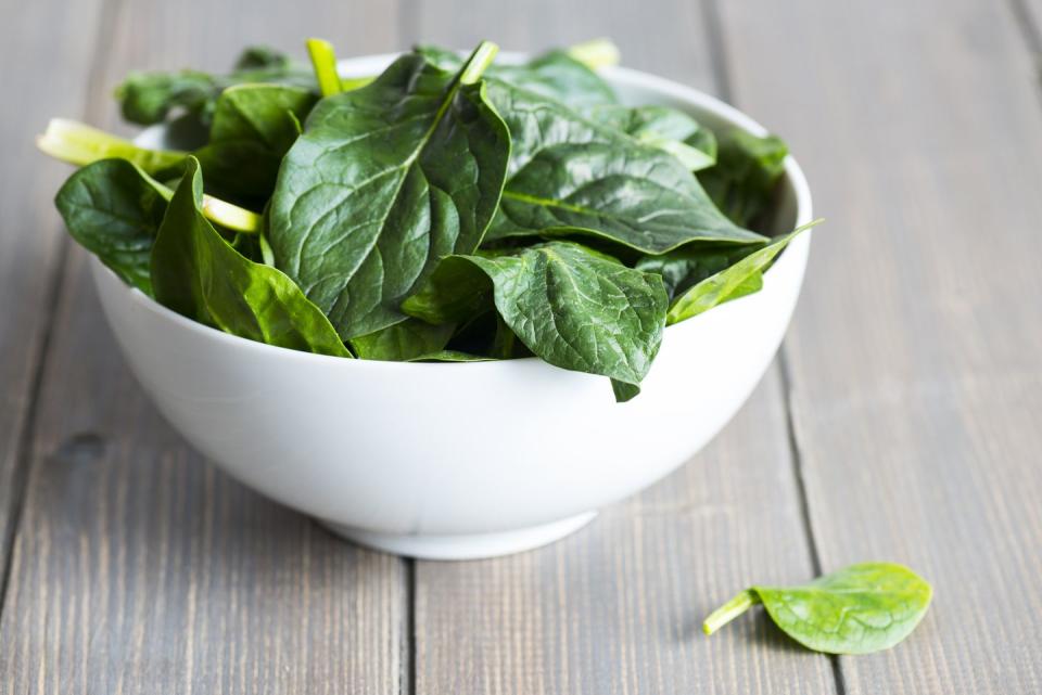 <p><strong><strong><strong><strong><strong><strong><strong><strong><strong><strong><strong>Quantity:</strong></strong></strong></strong></strong></strong></strong></strong></strong></strong></strong> 3 1/2 cups spinach</p><p><strong>Per serving:</strong> 23 calories, 2.9 g protein, 3.6 g carbs, 0.4 g fat</p><p><strong>READ MORE</strong>: <a href="https://www.womansday.com/food-recipes/food-drinks/g2373/vegetarian-recipes/" rel="nofollow noopener" target="_blank" data-ylk="slk:77 Vegetarian Meals That'll Make Anyone Want to Go Meatless;elm:context_link;itc:0;sec:content-canvas" class="link ">77 Vegetarian Meals That'll Make Anyone Want to Go Meatless</a></p>