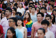 A woman wrapped in the rainbow flag is seen at the Pink Dot rally, Singapore's annual gay pride rally, at a park in Singapore, July 1, 2017. REUTERS/Darren Whiteside/File Photo