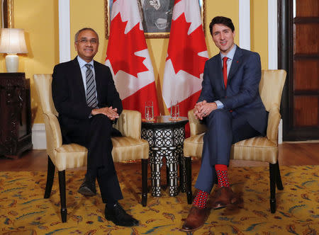 Canadian Prime Minister Justin Trudeau and Infosys Chief Executive Officer Salil Parekh attend a meeting in Mumbai, India, February 20, 2018. REUTERS/Danish Siddiqui