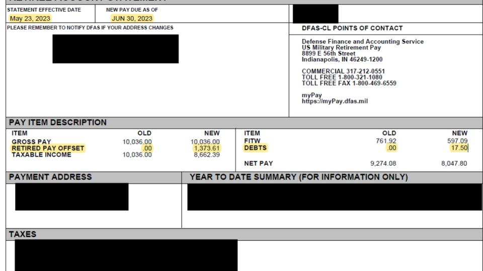 A screenshot shows one of the incorrect retiree account statements issued by the Defense Finance Accounting Service earlier this month. Despite the statement indicating that retiree overpayments would begin being deducted July 1, DFAS officials have confirmed that those who were overpaid due to a Navy system error still have a three-month window to appeal or request a waiver. The retiree's private information has been redacted in this image. (Image provided to Navy Times)