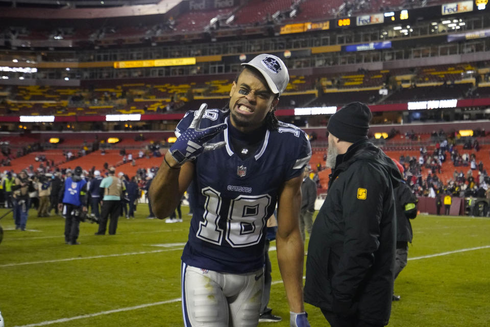 Dallas Cowboys wide receiver Jalen Tolbert (18) heads off the field at the end of an NFL football game against the Washington Commanders, Sunday, Jan. 7, 2024, in Landover, Md. Dallas won 38-10. (AP Photo/Jessica Rapfogel)