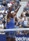 Taylor Townsend, of the United States, reacts after defeating Simona Halep, of Romania, during the second round of the US Open tennis championships Thursday, Aug. 29, 2019, in New York. (AP Photo/Kevin Hagen)