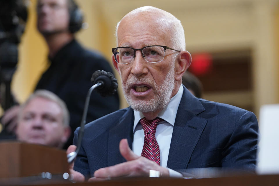 FILE - Benjamin Ginsberg, Washington attorney and elections lawyer, testifies as the House select committee investigating the Jan. 6, 2021, attack on the Capitol holds a hearing at the Capitol in Washington, June 13, 2022. Ginsberg is among several prominent conservatives and Republicans who have lined up against the broad assertion that legislatures can't be challenged in state courts when they make decisions about federal elections, including congressional redistricting. (AP Photo/Susan Walsh, File)