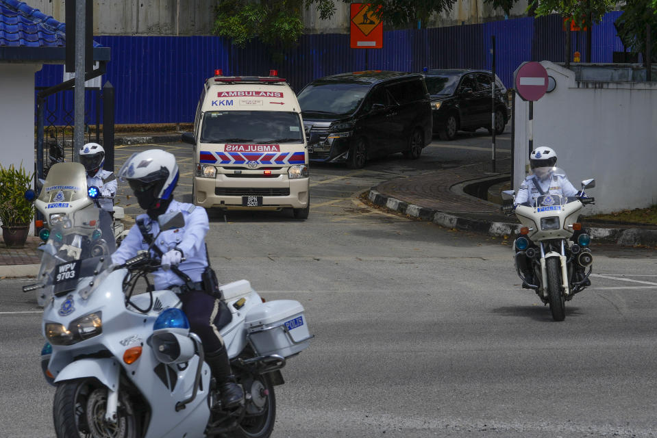 Ambulance believed to be carrying Norway's King Harald leave Sultanah Maliha Hospital, where the King Harald has been admitted with an infection, on the Malaysian resort island of Langkawi, Malaysia, Sunday, March 3, 2024. (AP Photo/Vincent Thian)