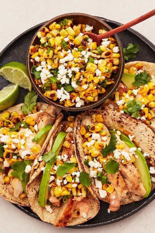 <p>All the deliciousness of <a href="https://www.delish.com/cooking/recipe-ideas/recipes/a47269/mexican-street-corn-elote-recipe/" rel="nofollow noopener" target="_blank" data-ylk="slk:elote;elm:context_link;itc:0;sec:content-canvas" class="link ">elote</a> or <a href="https://www.delish.com/cooking/a38176573/esquites-fritters-recipe/" rel="nofollow noopener" target="_blank" data-ylk="slk:esquites;elm:context_link;itc:0;sec:content-canvas" class="link ">esquites</a> in <a href="http://www.delish.com/cooking/recipe-ideas/g2786/easy-taco-recipes/" rel="nofollow noopener" target="_blank" data-ylk="slk:taco;elm:context_link;itc:0;sec:content-canvas" class="link ">taco</a> form—and you don’t even have to fire up the grill. Oh, and did we mention you can get them on the table in 30 minutes?</p><p>Get the <strong><a href="https://www.delish.com/cooking/recipe-ideas/a31078932/mexican-street-corn-grilled-chicken-tacos-recipe/" rel="nofollow noopener" target="_blank" data-ylk="slk:Elote (Mexican Street Corn) Tacos recipe;elm:context_link;itc:0;sec:content-canvas" class="link ">Elote (Mexican Street Corn) Tacos recipe</a></strong>.</p>