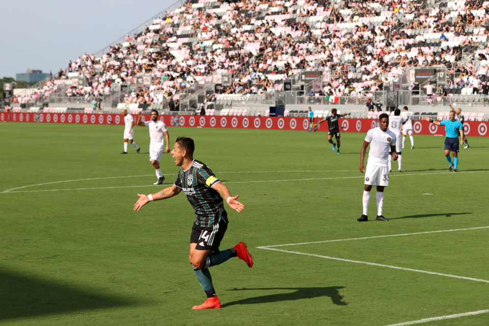 Javier "Chicharito" Hernández celebrates after scoring against Inter Miami on April 18.