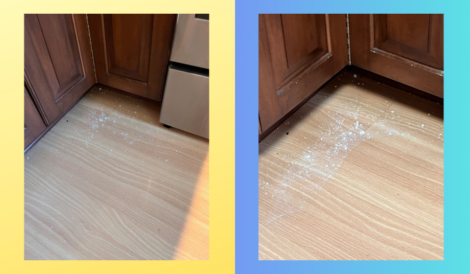 Before (left) and after: The Deebot T20 left a lot of flour on the floor and didn't come anywhere near getting under the cupboards. (Photo: Rick Broida/Yahoo)