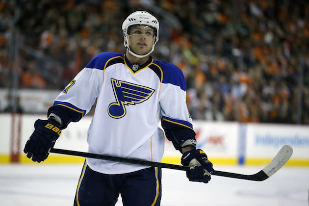 St. Louis Blues' Vladimir Sobotka in action during an NHL hockey game against the Philadelphia Flyers, Saturday, March 22, 2014, in Philadelphia. (AP Photo/Matt Slocum)