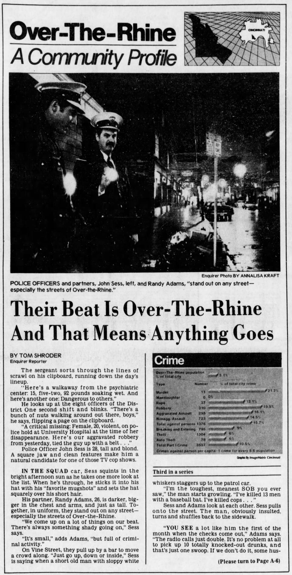 An article from The Cincinnati Enquirer, Dec. 20, 1983, shows the photograph of two Cincinnati police officers in Over-the-Rhine.