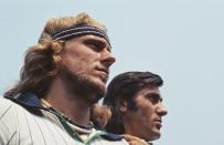 <p>Bjorn Borg and Ilie Nastase during the Men's Singles Final match in July 1976.</p>