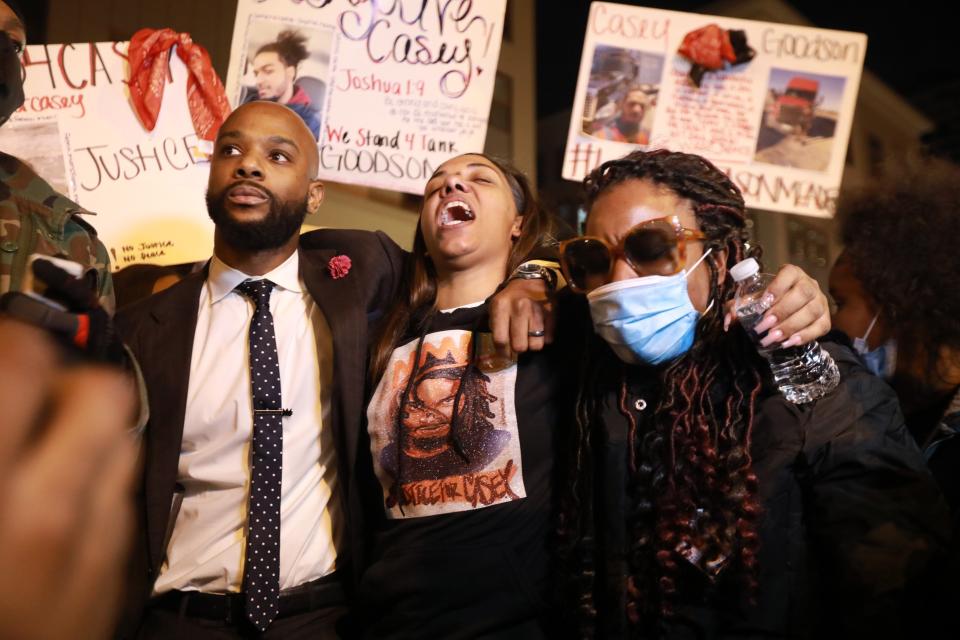 Tamala Payne (center), with attorney Sean Walton, and Jamita Malone speak at a protest march after the shooting of Payne's son, Casey Goodson Jr., by a Franklin County deputy sheriff during a Columbus, Ohio. Jamita Malone is the mother of Julius Tate. Tate set up fake online ads with the intent to rob those who responded and Police set up a sting operation after other such robberies and Tate pulled a gun on an undercover officer during the incident, leading a SWAT officer to fatally shoot him. The downtown protest was held Friday, December 11, 2020. About 400 people marched in his honor. The deputy was assigned to a multi-unit warrant squad that was searching for a different person when the deputy shot Goodson three times, fatally wounding him. The incident occured on Friday, Dec. 4, 2020. Authorities say he had a weapon, the family says he was carrying Subway sandwiches.