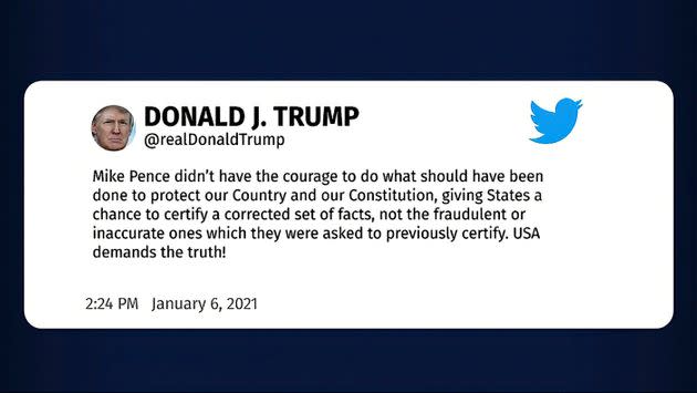 This exhibit from video released by the House Select Committee shows a tweet by former President Donald Trump on Jan. 6, displayed at a hearing by the House select committee investigating the Jan. 6 attack on the U.S. Capitol on June 28. (Photo: via Associated Press)