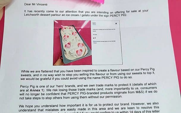 Marks & Spencer's letter to Mr Vincenti suggested 'Pig faces' as an alternative name for the Percy Pigs ice cream - Jam Press/Fabio's Gelato