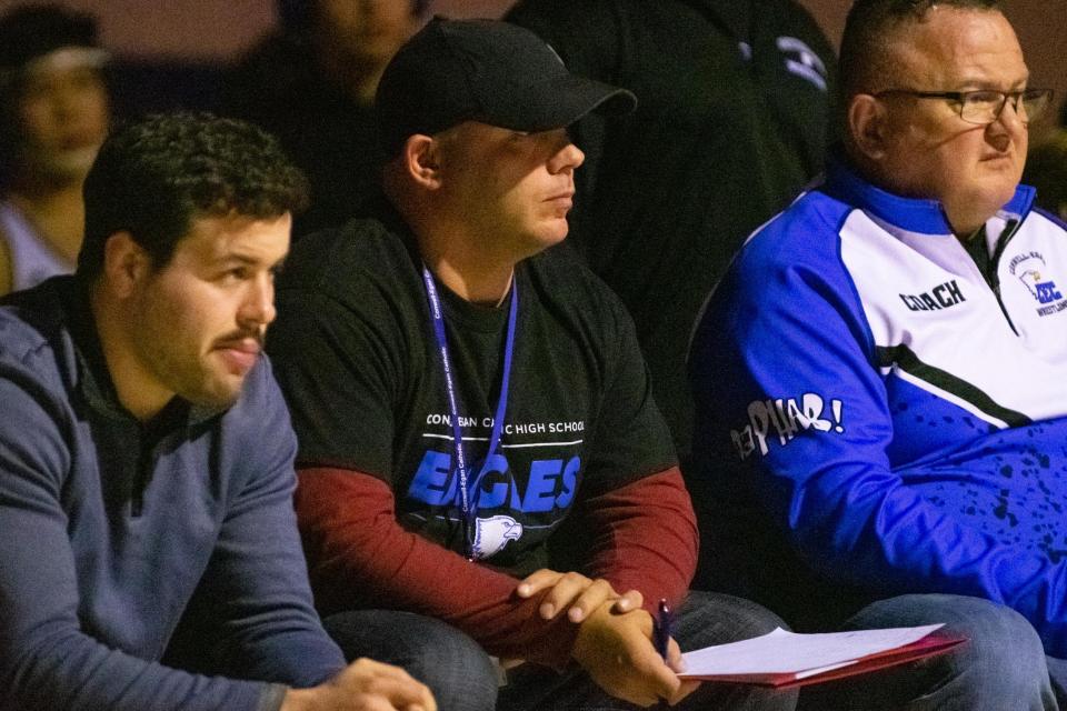 Conwell-Egan head coach Chuckie Connor watches one his wrestlers during Monday's match against La Salle.