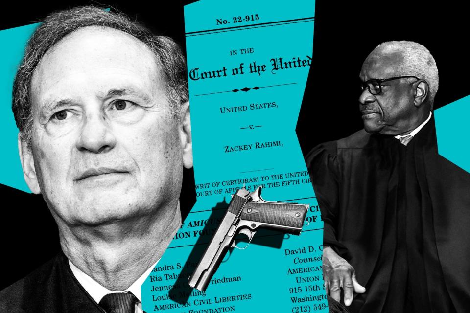 A collage of Samuel Alito, the text of Rahimi and a handgun, and Clarence Thomas.