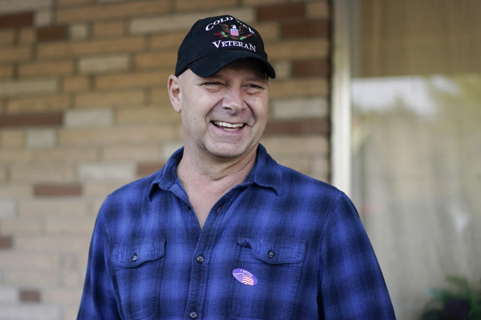 Pennsylvania Republican gubernatorial candidate Doug Mastriano wears an "I Voted" sticker after voting at his polling place, the New LIFE Worship Center Church of God, in Fayetteville, Pa., Tuesday, Nov. 8, 2022. (AP Photo/Carolyn Kaster)