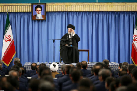 Iran's Supreme Leader Ayatollah Ali Khamenei waves as he delivers a speech in a meeting with military commanders in Tehran, Iran, February 7, 2017. Leader.ir/Handout via REUTERS