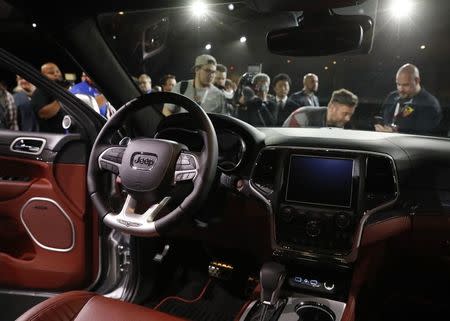 Interior view of the 2018 Jeep Grand Cherokee Trackhawk being displayed at the 2017 New York International Auto Show in New York City, U.S. April 12, 2017. REUTERS/Brendan Mcdermid