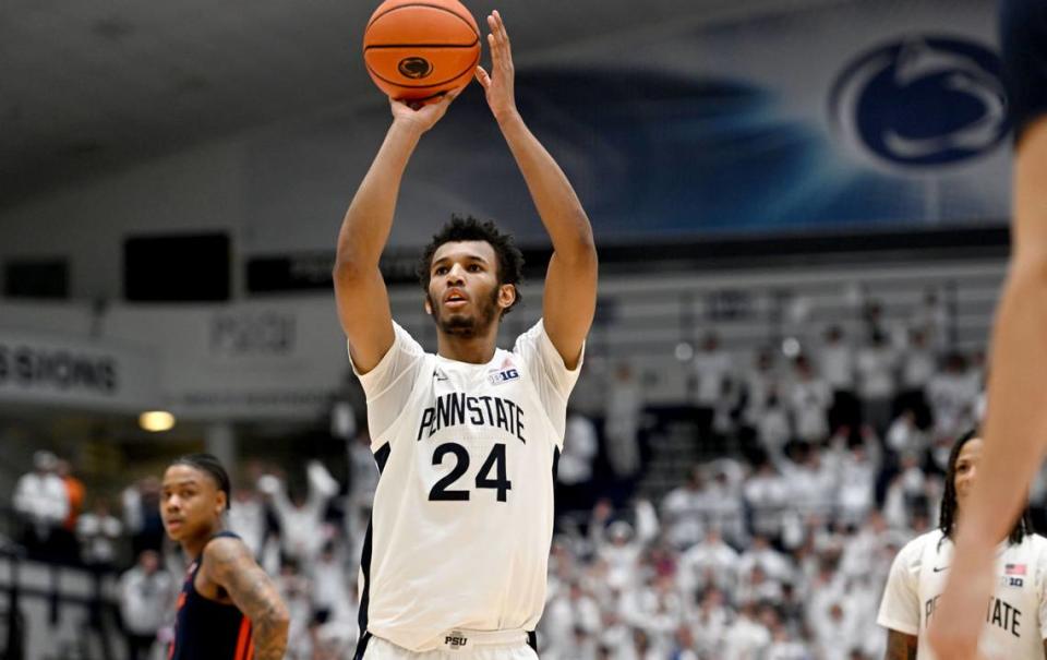 Penn State’s Zach Hicks makes three free throws with three seconds left in the game against Illinois on Wednesday, Feb. 21, 2024 at Rec Hall. Penn State won 90-89.