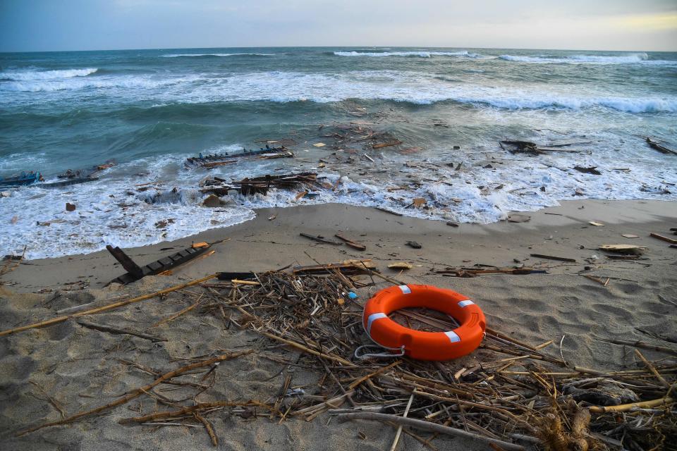 This February 26, 2023 file photo shows shipwreck debris washed ashore in Steccato di Cutro, south of Crotone, after a boat carrying migrants sank off the coast of southern Calabria, Italy.