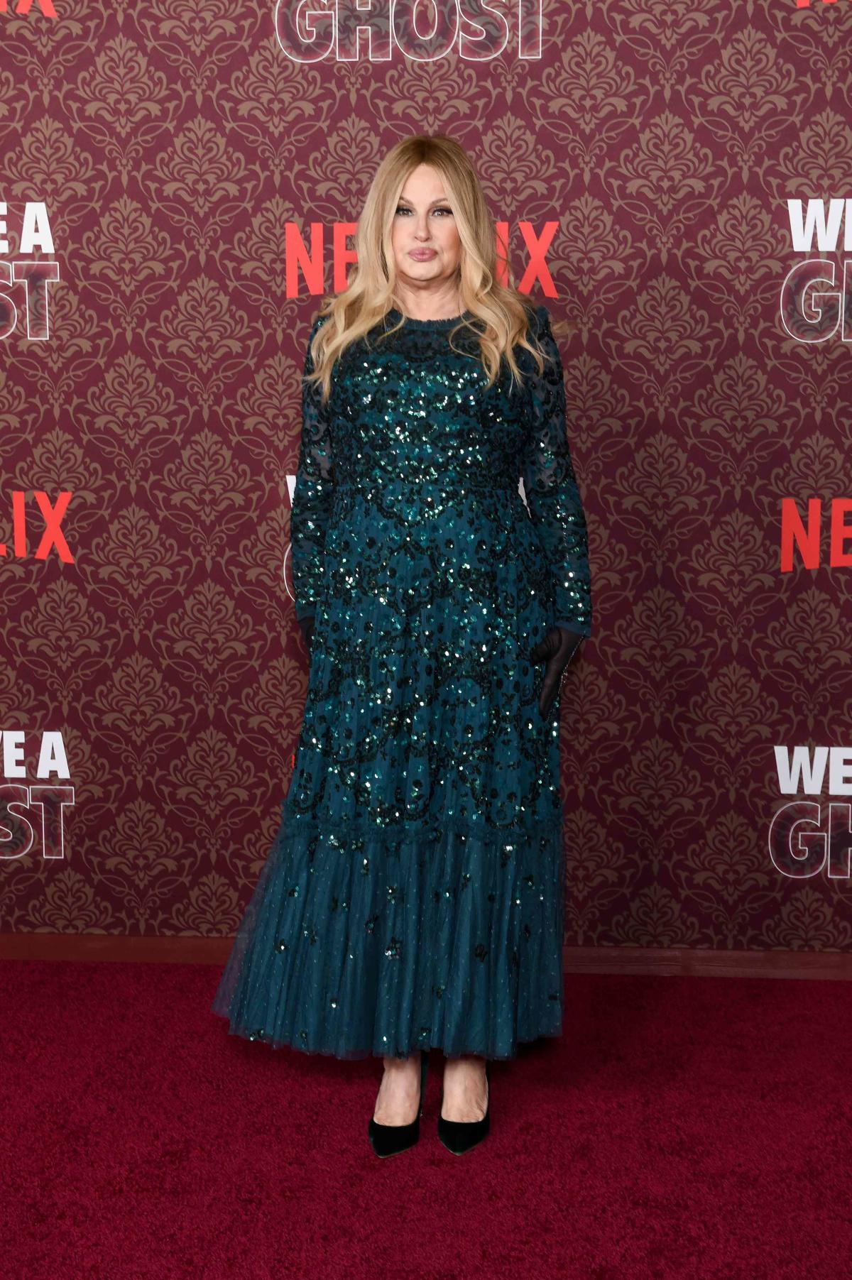 Jennifer Coolidge Paired Her Sequined Jade Dress With Sheer Gloves