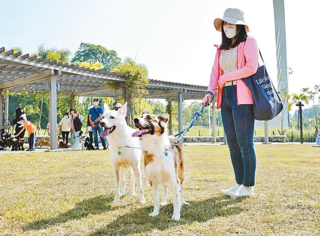 嘉義市首座專屬犬隻毛孩的寵物公園3日在綠映水漾公園正式開工，不少飼主帶著毛孩來參與見證，期待工程早日完工。（呂妍庭攝）