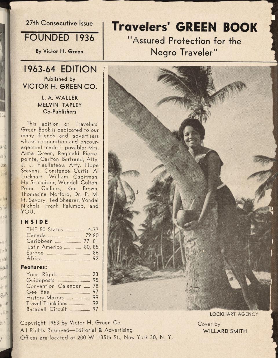 A contents page from the 1963-64 issue of "The Travelers' Green Book." Known also as "The Negro Motorist Green Book," the travel publication created by Victor Hugo Green in 1937 helped Black American travelers find places to eat, stay and get fuel on the road.