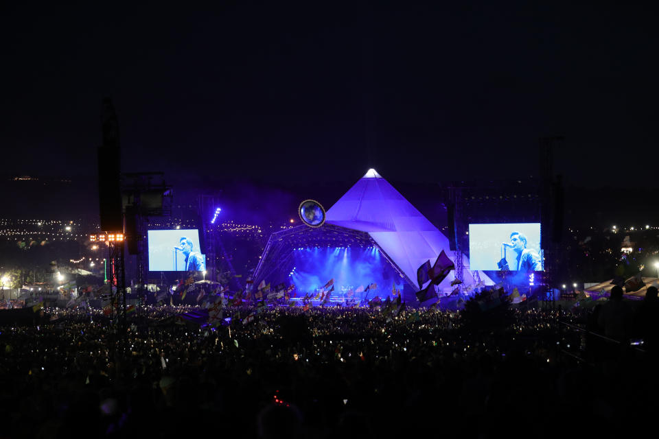 The Killers plays the Pyramid Stage on the fourth day of the Glastonbury Festival at Worthy Farm in Somerset.