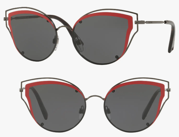 Black sunglasses with red trim.