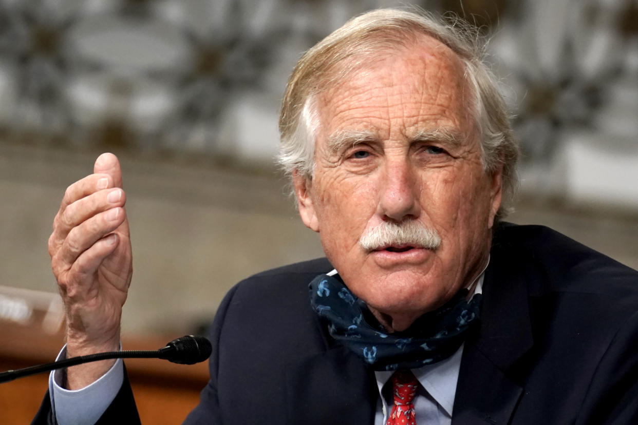 Senator Angus King (I-ME) during the Senate Armed Services Committee hearing on Capitol Hill in Washington on May 6, 2020. Greg Nash/Pool via Reuters)