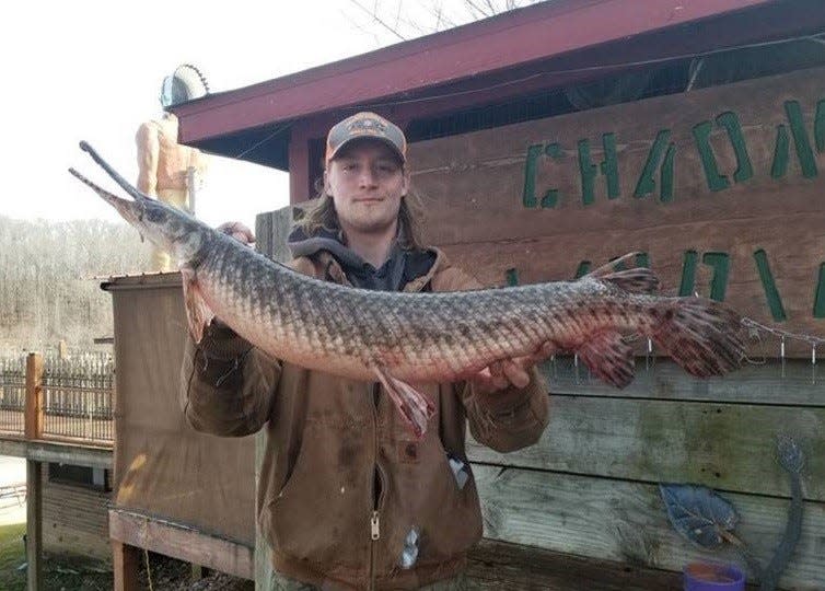 Devlin Rich displays a 10-pound, 9-ounce spotted gar from Wappapello Lake he caught Feb. 25, 2021