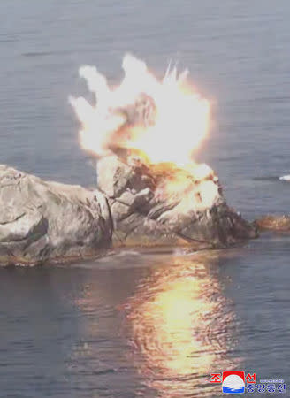 North Korean military conducts a "strike drill" for multiple launchers and tactical guided weapon into the East Sea during a military drill in North Korea, in this May 4, 2019 photo supplied by the Korean Central News Agency (KCNA). KCNA via REUTERS