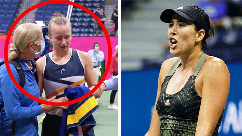 Garbine Muguruza (pictured right) angry after a point and and Barbora Krejcikova (pictured left) being escorted off the court after feeling sick.