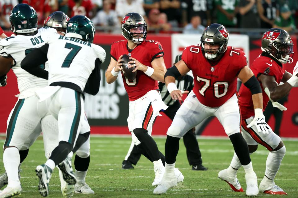 Sep 25, 2023; Tampa, Florida, USA; Tampa Bay Buccaneers quarterback Baker Mayfield (6) drops back against the Tampa Bay Buccaneers during the first quarter at Raymond James Stadium. Mandatory Credit: Kim Klement Neitzel-USA TODAY Sports