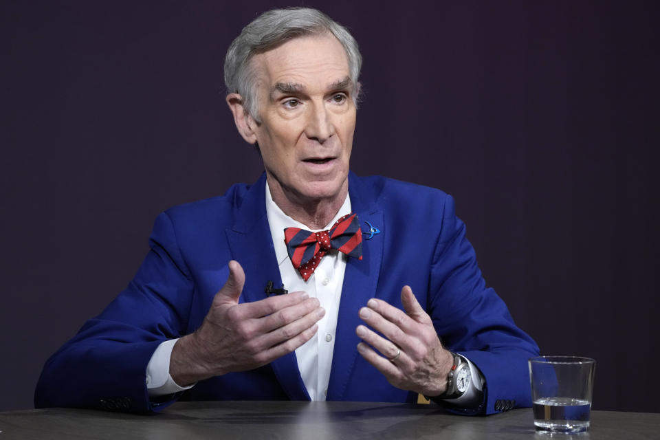 Science educator Bill Nye, talks about the climate during a "Doomsday Clock" announcement, Tuesday, Jan. 23, 2024, by The Bulletin of the Atomic Scientists, at the National Press Club Broadcast Center, in Washington. This year, Jan. 2024, the clock will remain set to 90 seconds to midnight. (AP Photo/Jacquelyn Martin)