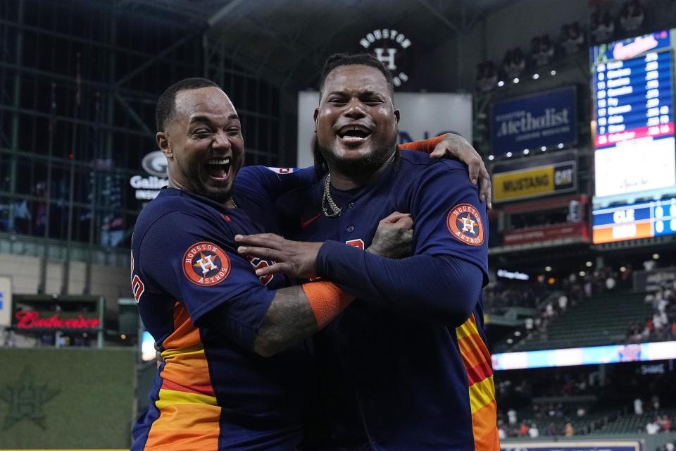 Houston Astros catcher Martin Maldonado celebrates with starting pitcher Framber Valdez after a no-hitter against the Cleveland Guardians, Tuesday, Aug. 1, 2023, in Houston. (AP Photo/Kevin M. Cox)