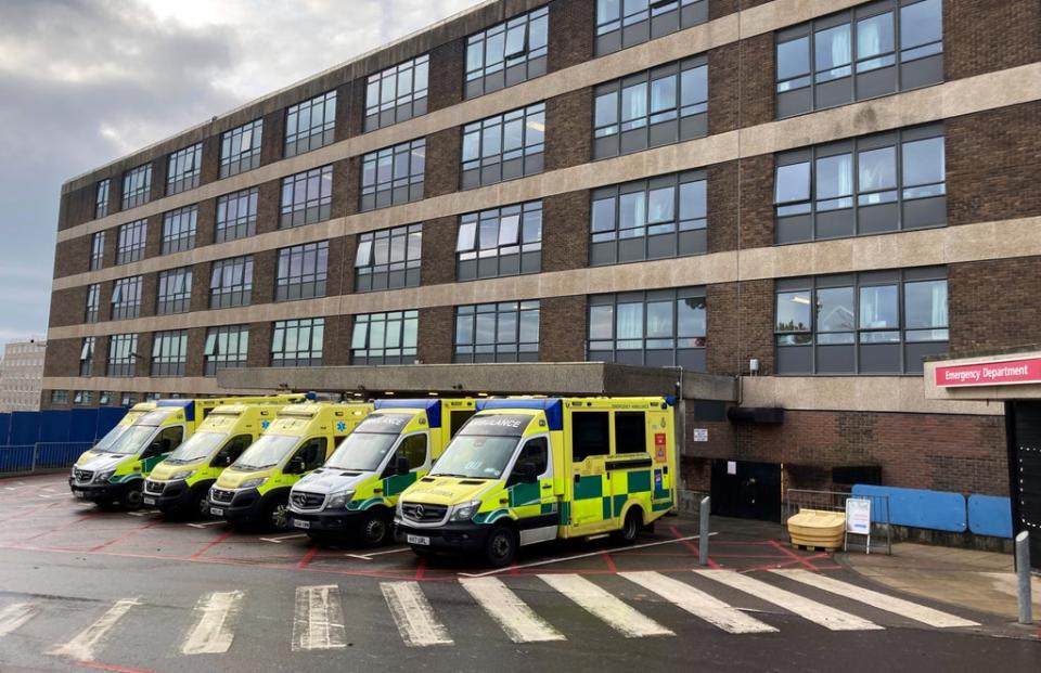 Ambulances parked up outside the accident and emergency department at the Queen Alexandra Hospital in Cosham, Portsmouth (Andrew Matthews/PA) (PA Wire)