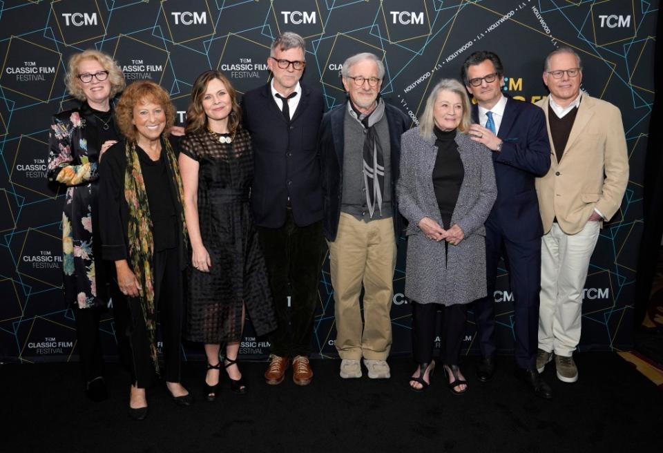 HOLLYWOOD, CALIFORNIA - APRIL 13: (L-R) Chairman and Chief Content Officer, US Networks Group for Warner Bros. Discovery Kathleen Finch; Cass Warner; General Manager, Turner Classic Movies 1, Paul Thomas Anderson; Steven Spielberg; Angie Dickinson; TCM host Ben Mankiewicz; and President and Chief Executive Officer of Warner Bros. Discovery David Zaslav attend the opening night gala and world premiere of the 4k restoration of "Rio Bravo" during the 2023 TCM Classic Film Festival at TCL Chinese Theatre on April 13, 2023 in Hollywood, California. (Photo by Presley Ann/Getty Images for TCM)