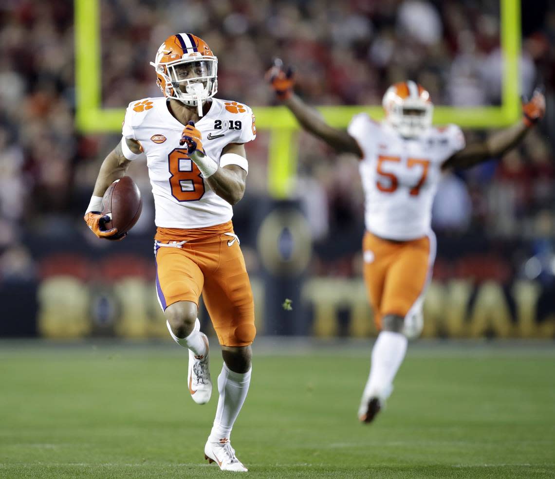 Clemson’s A.J. Terrell intercepts a pass for a touchdown during the first half the NCAA college football playoff championship game against Alabama, Monday, Jan. 7, 2019, in Santa Clara, Calif. (AP Photo/Ben Margot)