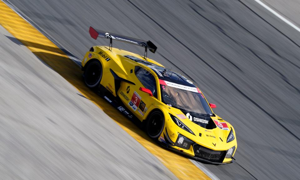 The No. 3 Corvette Z06 races out of the infield during the Rolex 24 at Daytona at Daytona International Speedway, Saturday, Jan. 27, 2024.