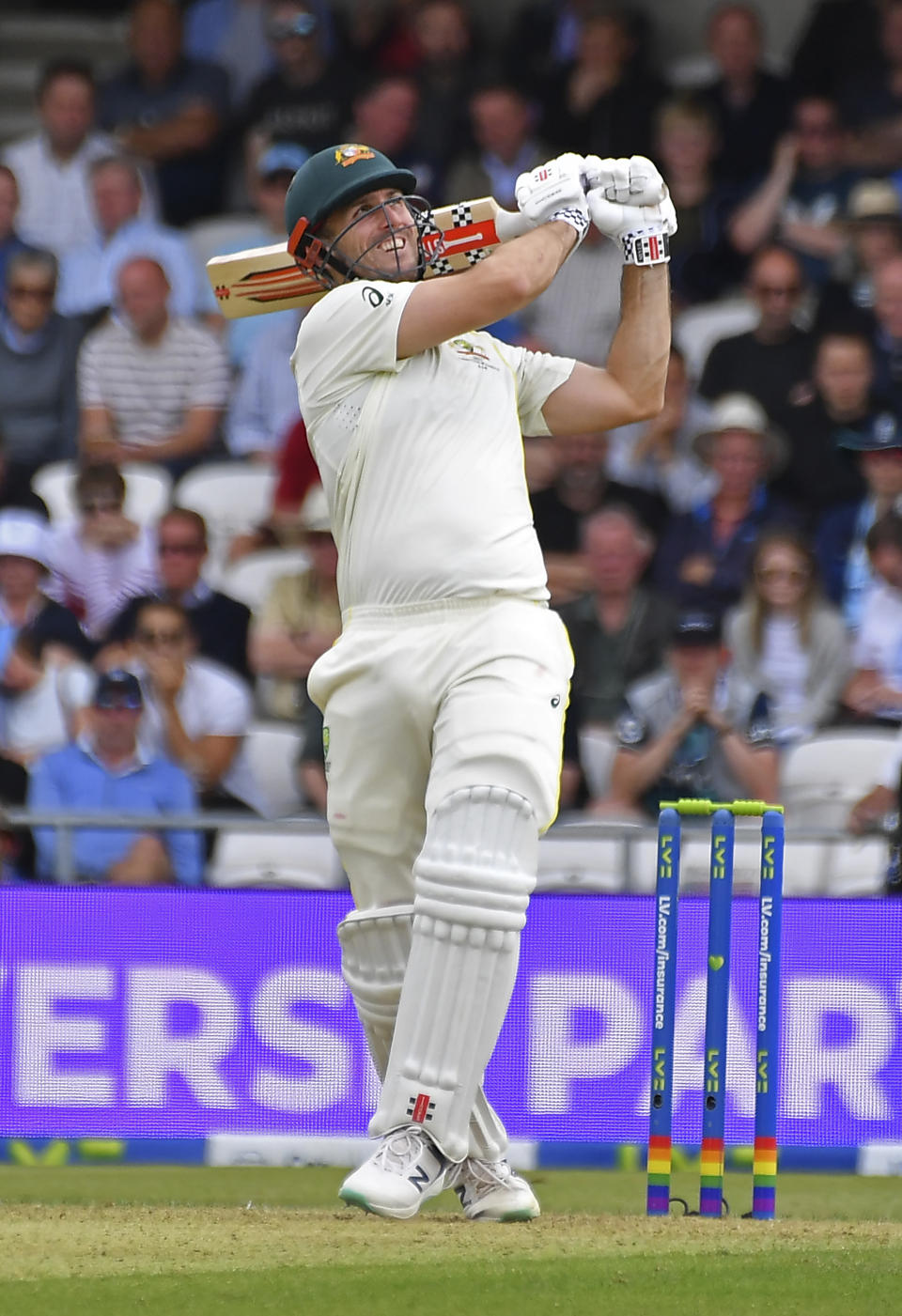 Australia's Mitchell Marsh plays a shot during the first day of the third Ashes Test match between England and Australia at Headingley, Leeds, England, Thursday, July 6, 2023. (AP Photo/Rui Vieira)