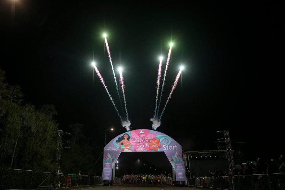 (Feb. 26, 2023) Runners take their marks at the Disney Princess Half Marathon presented by CORKCICLE at Walt Disney World Resort in Lake Buena Vista, Fla., the final event during the four-day race weekend. The women-inspired event featured thousands of runners, plus entertainment and themes geared toward women throughout the weekend. (Elisa White, photographer)