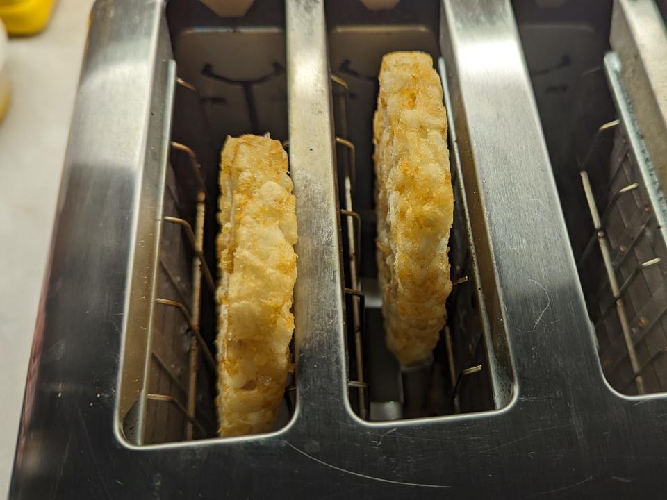 frozen hash brown patties in a toaster