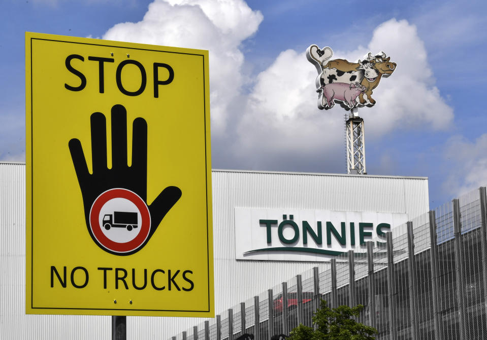 A stop sign is pictured at the Toennies meatpacking plant