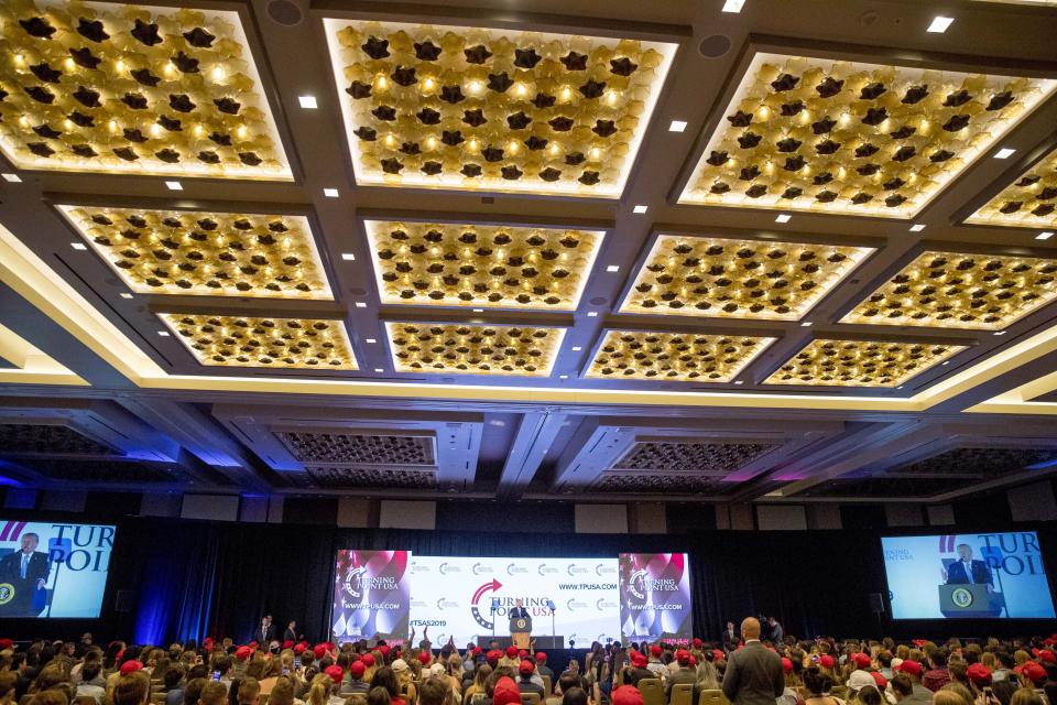 President Donald Trump speaks at Turning Point USA Teen Student Action Summit at the Marriott Marquis in Washington, Tuesday, July 23, 2019. (AP Photo/Andrew Harnik)