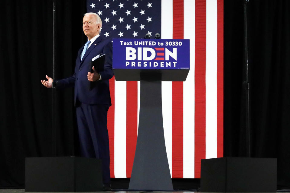 WILMINGTON, DELAWARE - JUNE 30:   Democratic presidential candidate former Vice President Joe Biden speaks during a campaign event June 30, 2020 at Alexis I. Dupont High School in Wilmington, Delaware. Biden discussed the Trump Administration’s handling of the COVID-19 pandemic.  (Photo by Alex Wong/Getty Images)